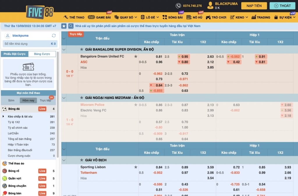 Giao diện cược thể thao tại Five88