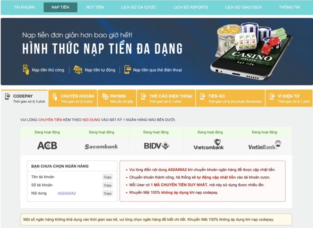 Nạp tiền đa dạng tại Five88