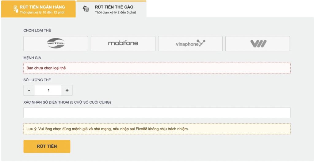 Lưu ý khi rút tiền tại Five88